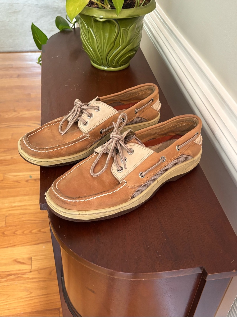 Sperry Tan and Cream Leather Mesh-Trim Boat Shoes